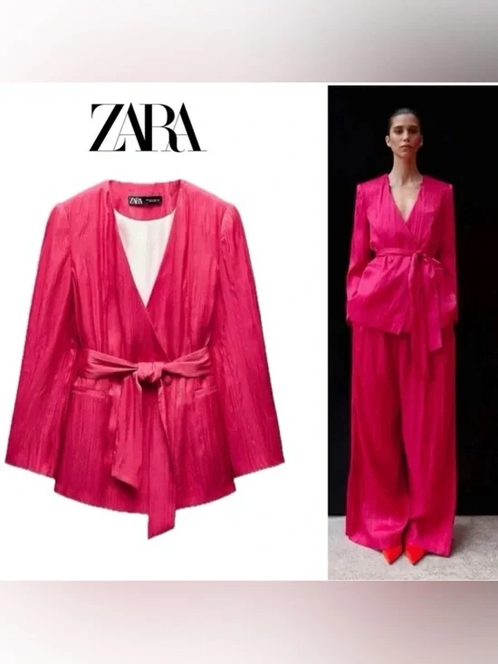 Zara NEW Crinkle Satin Blazer and Wide Leg Trousers SET Fuchsia Pink XS Shiny - Picture 12 of 15